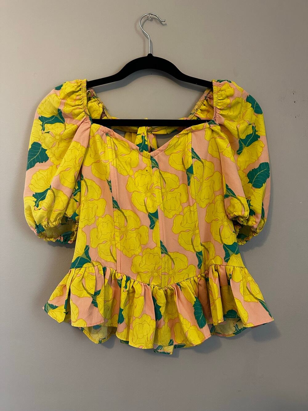 Milly & Honey Floral Puff Sleeve Peplum babydoll top Cottagecore Pink Yellow